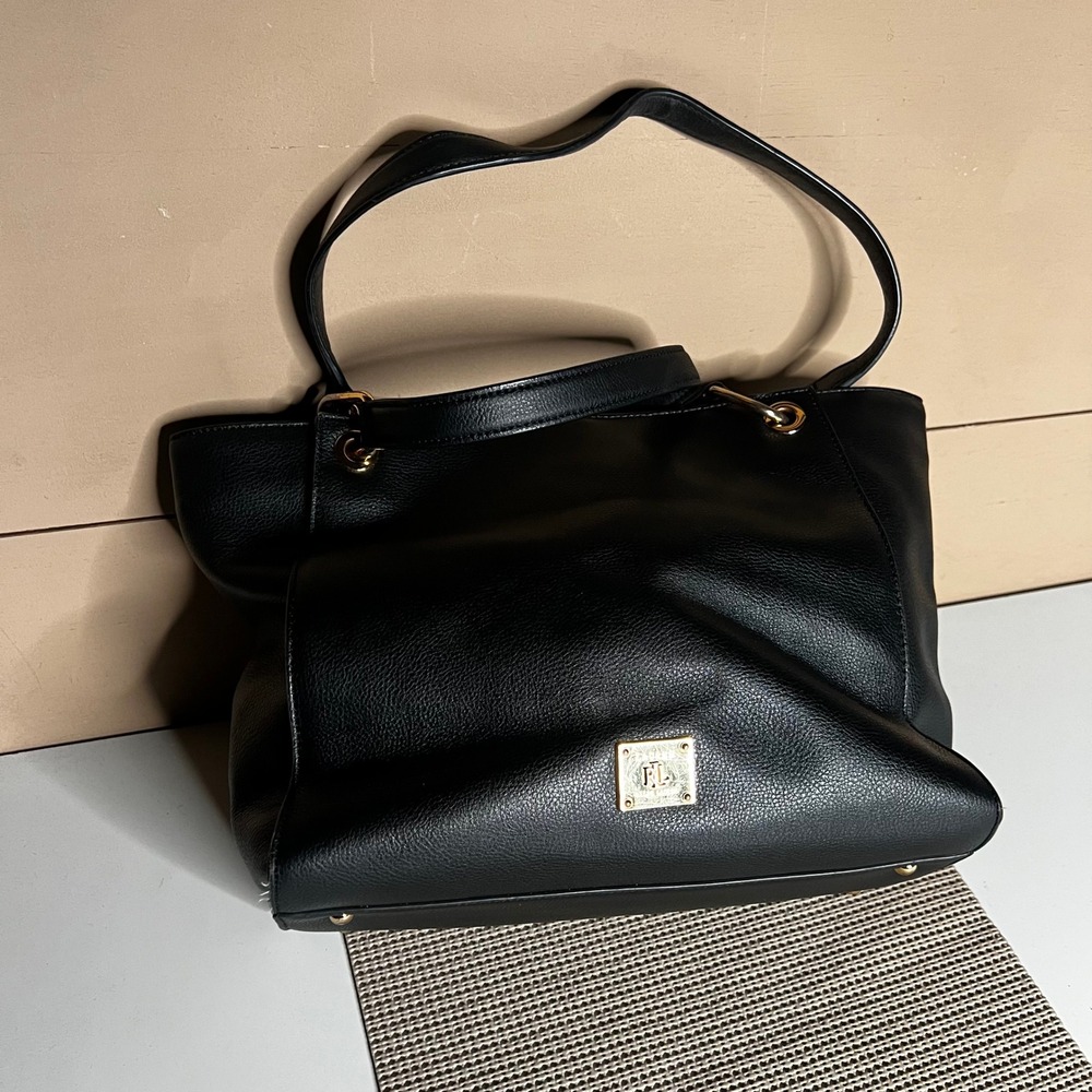 Lauren Ralph Lauren Black Pebbledโ Leather Tote Bag Gold RLL Shoulder Bag